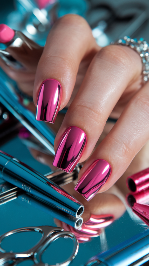 Ultra-reflective mirror chrome nails with a high-shine, metallic finish