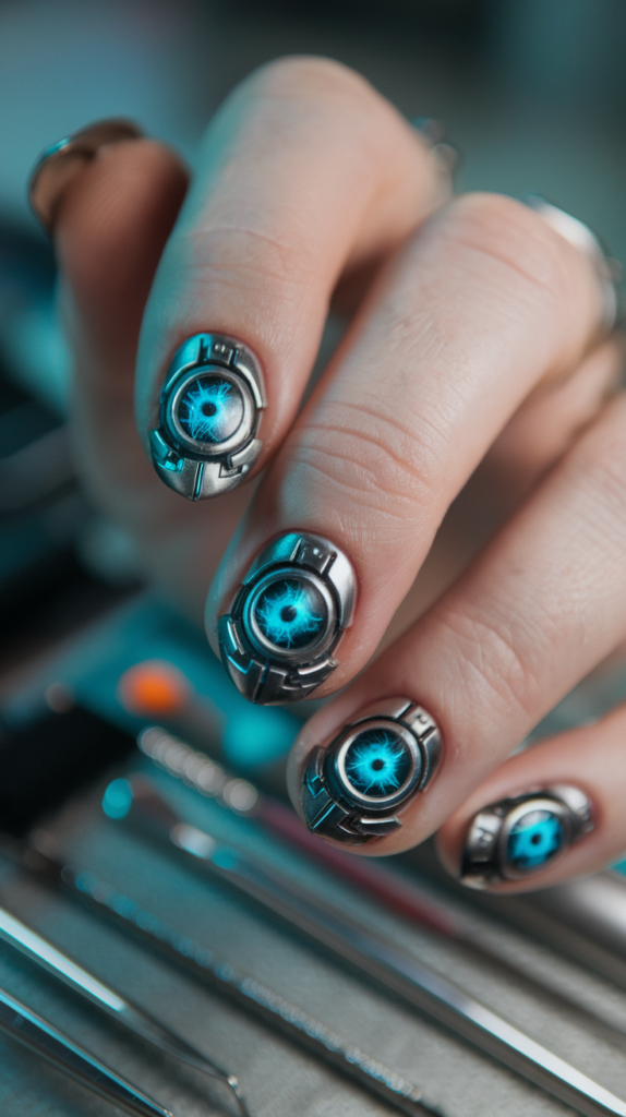 Cybernetic Eyes – Black nails with a detailed metallic eye design, incorporating gears and circuits.