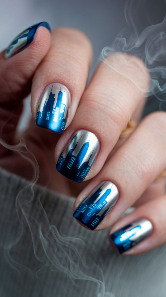 Digital Skyline – Metallic silver and blue nails featuring silhouettes of futuristic city skylines.
