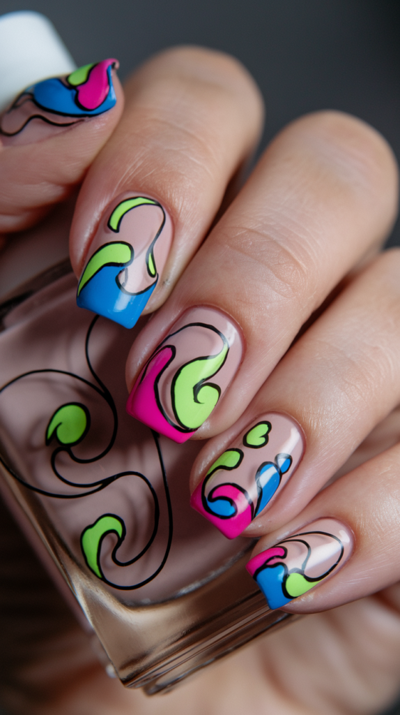 Nails with bold swirls and loops in cobalt blue and lime green on a neutral base for a whimsical effect.

