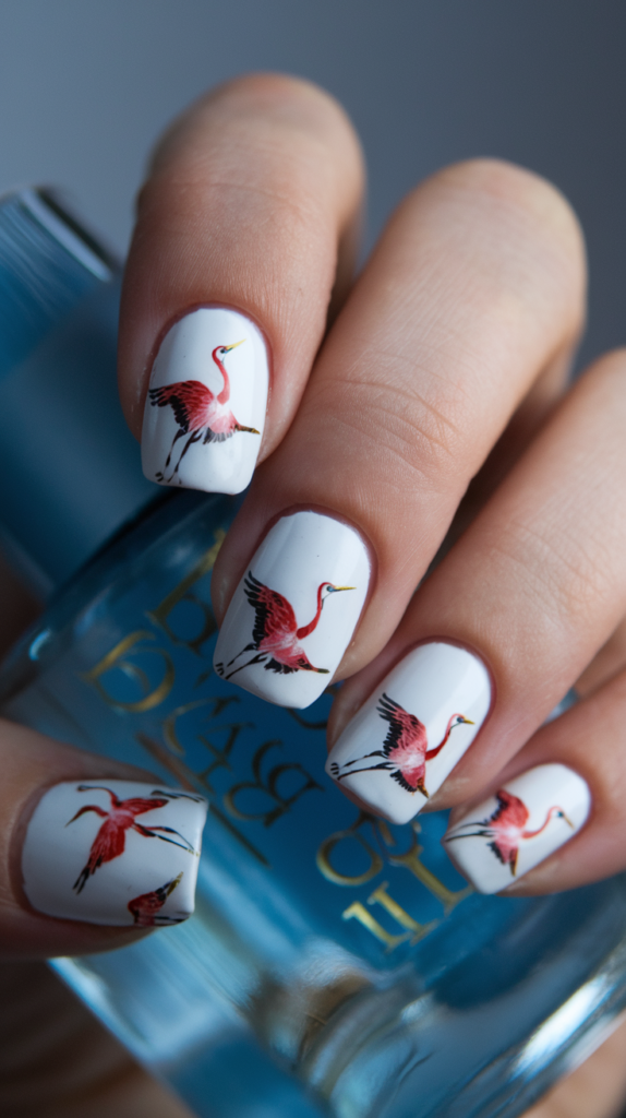 Red Crane Symbolism: White nails with elegant red cranes in flight, accented with gold detailing for added elegance.
