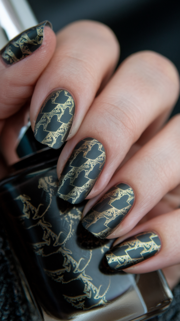  Intricate fractal patterns in metallic gold on a glossy black base, creating a futuristic, abstract design.