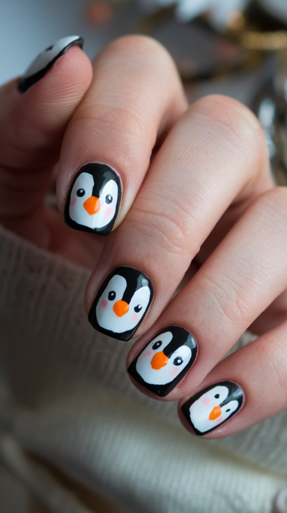 Cute black and white penguin nail art with tiny orange beaks on a light blue snowy background