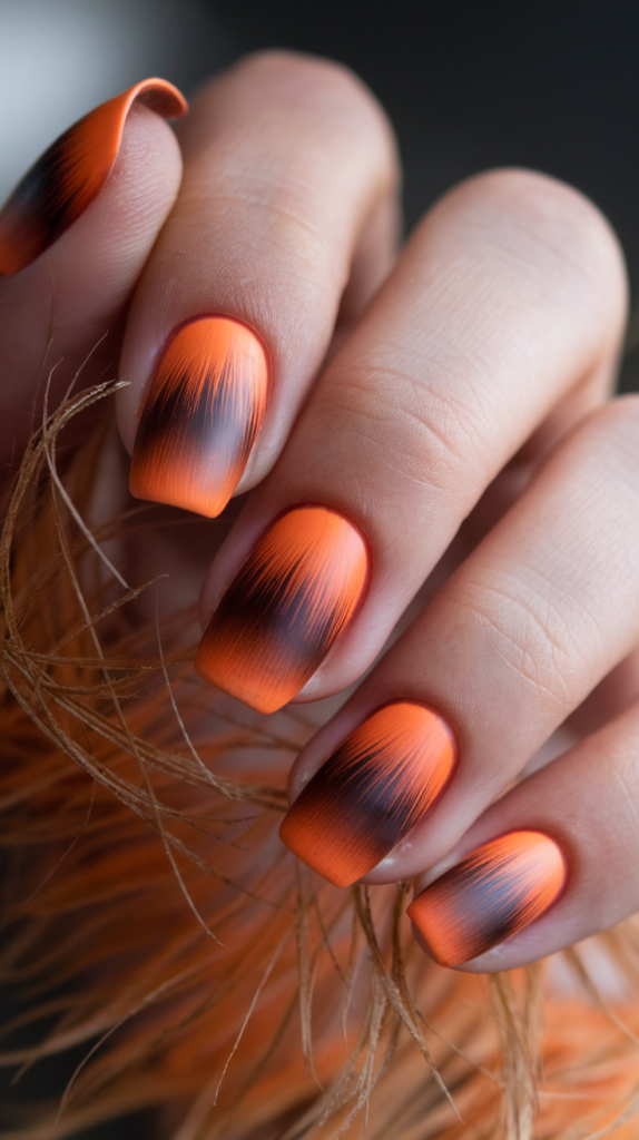 Warm orange-to-brown gradient nails mimicking soft fox fur, with feathered details for texture