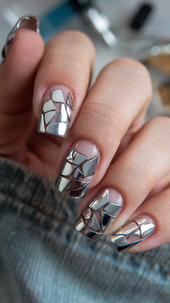 Nails featuring structured grids in silver and gold, layered over a dark background