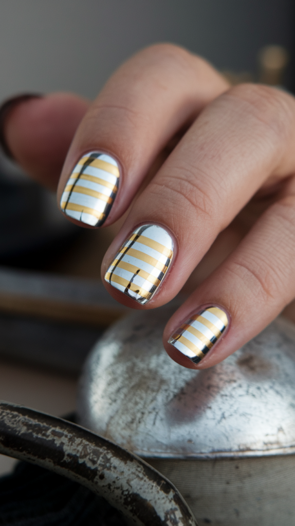 Nails featuring silver and gold chrome stripes for a modern, high-contrast design.

