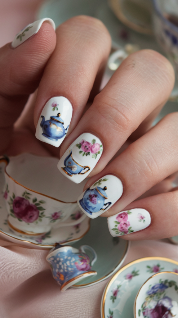 Nails with tiny teapot and teacup designs in pastel colors, along with floral accents.

