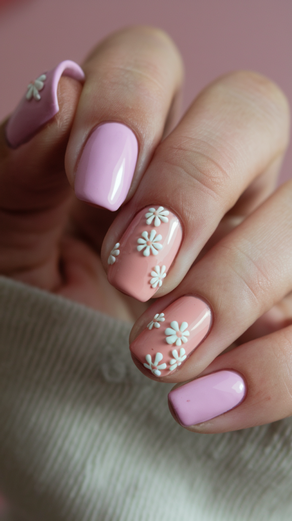 Nails painted in pastel pink and other spring colors, featuring floral motifs and glossy finishes.

