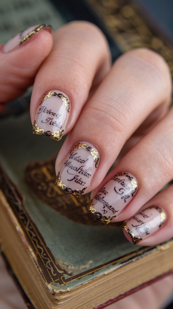 Nails with ornate gold patterns over deep red backgrounds, mimicking old book covers.

