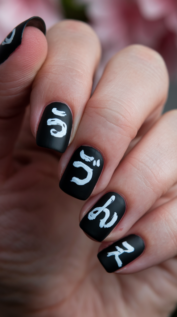 Japanese Calligraphy Nails: Black nails with hand-painted kanji characters in white, symbolizing meaningful phrases.
