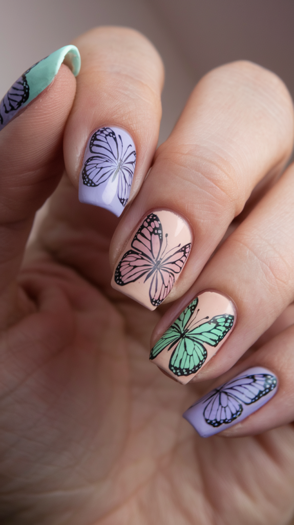 Butterfly Dreams – Delicate butterfly motifs across two or three nails.
