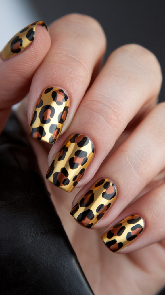 Close-up of nude nails featuring iconic brown and black leopard spots with a glossy finish