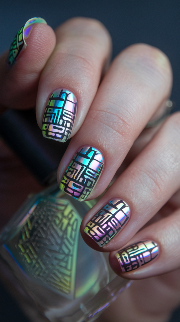 Augmented Grid Patterns – Dark base nails featuring glowing geometric grids with neon accents at intersections.
