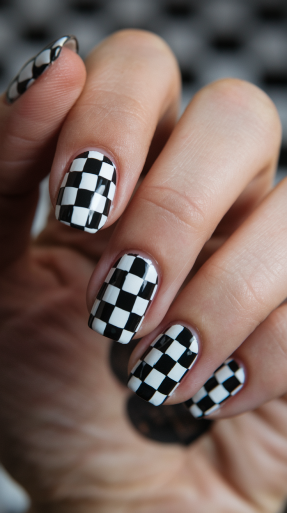 Nails with black-and-white checkerboard patterns inspired by vintage diner aesthetics.

