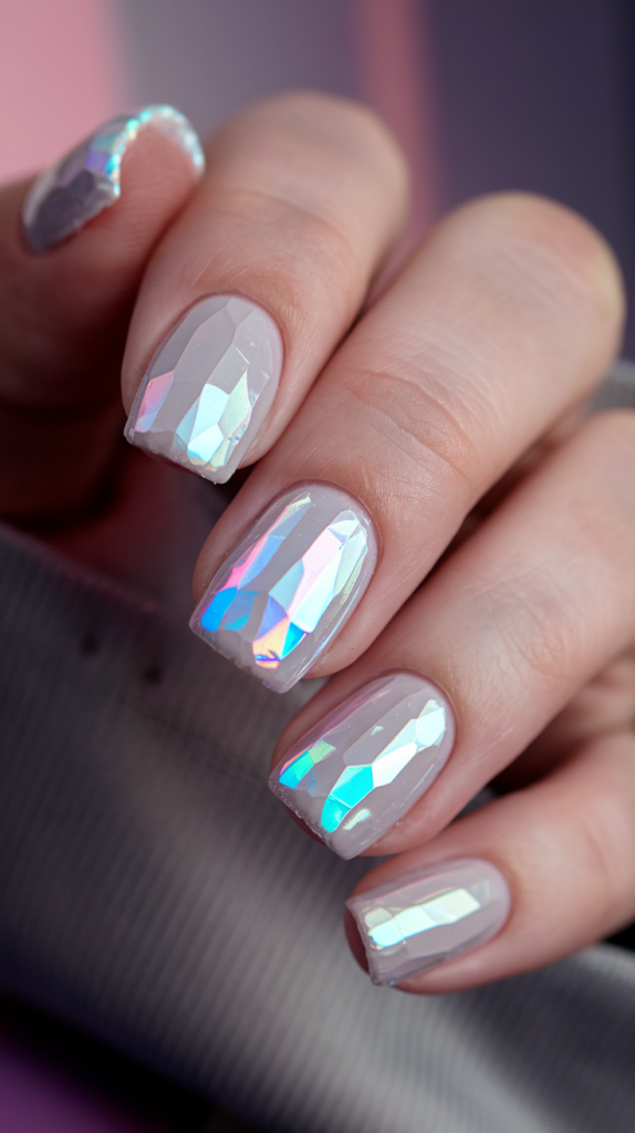 Transparent nails with a shimmering, iridescent finish, resembling magical crystal balls