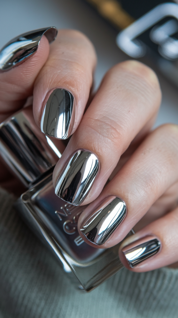 Mirror Chrome Nails – Highly reflective gold and silver chrome nails with a smooth, glass-like finish.
