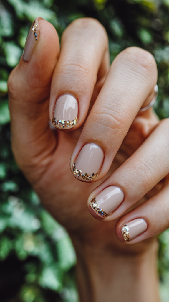 Subtle Glitter Accents: Nude nails with delicate glitter accents focused on the cuticle area for a refined look.