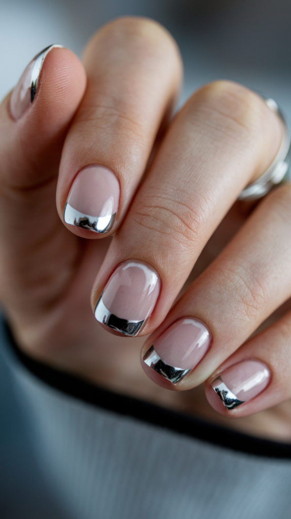  reverse French manicure with chrome near the cuticles and a glossy top