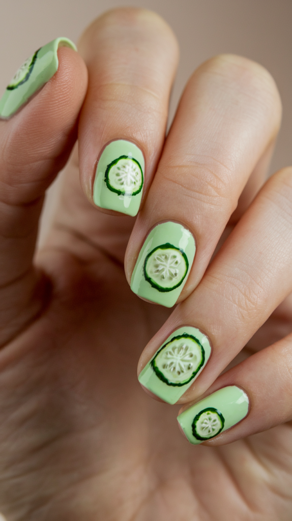 Nails with playful cucumber slice designs on pastel green backgrounds