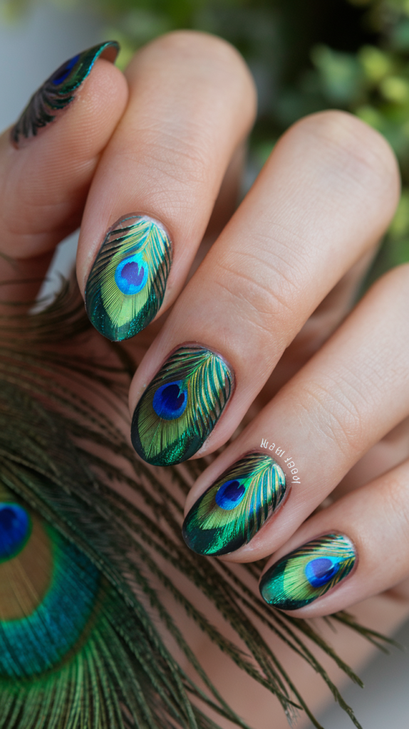 Peacock tail accent nail with vibrant colors and rhinestones, adding a glamorous and intricate touch