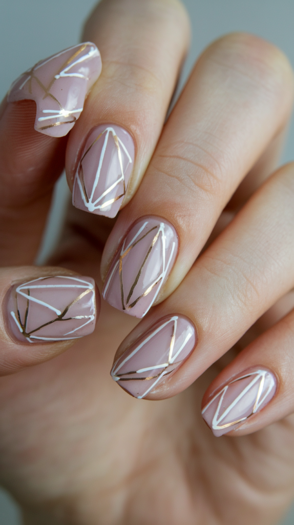 Pale pink nails decorated with intricate white and metallic geometric lines, offering a modern, minimalist aesthetic.

