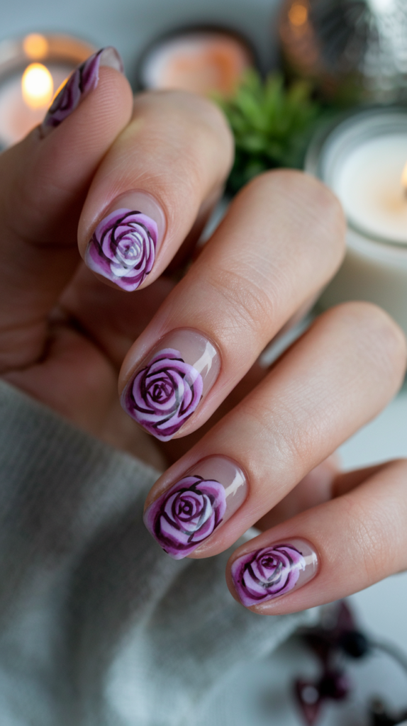 Purple Rose Art Nails – Close-up of nails with hand-painted roses in varying shades of purple on a nude background, with realistic petal shading