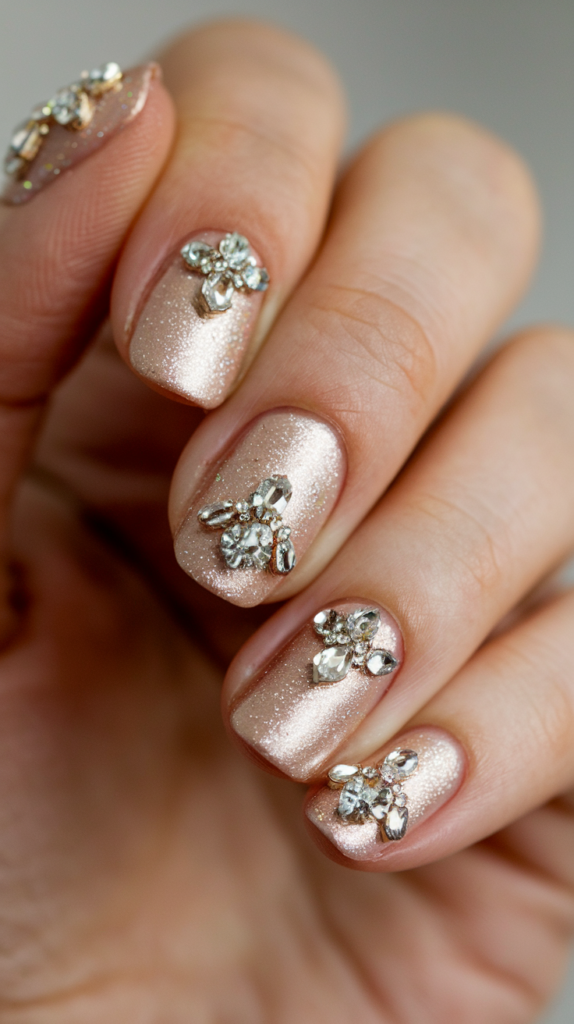 Nails adorned with small gemstones, creating a jewel-encrusted effect that sparkles and adds a royal touch.

