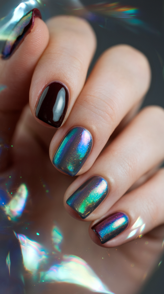 Dark-colored nails with an accent nail in iridescent polish resembling a crystal ball, showing a magical, multi-dimensional finish for a mystical New Year’s look