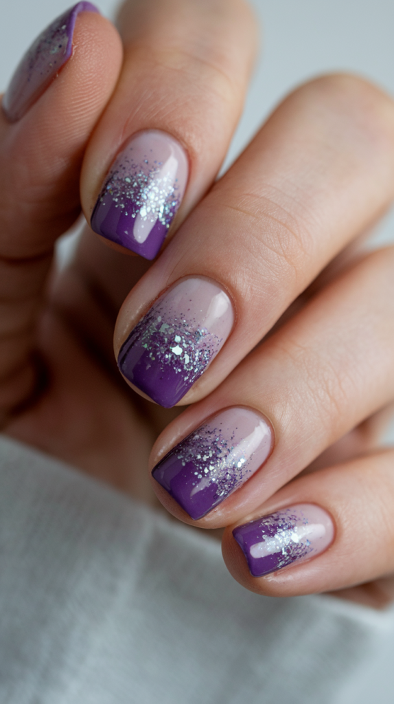 Soft violet nails with a glitter fade effect starting from the cuticle, adding a touch of sparkle across the nail.