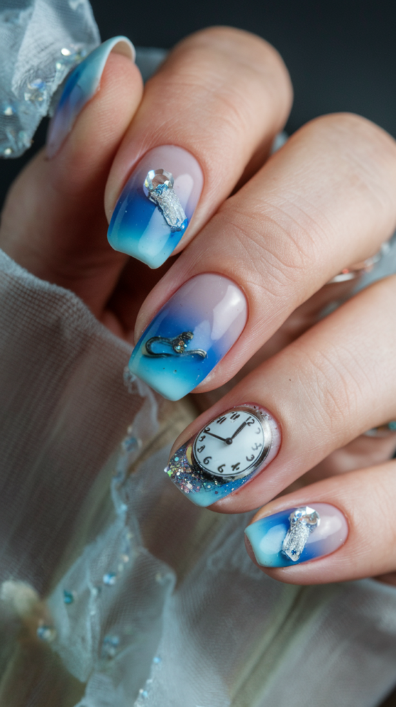 Soft blue nails with glittery accents, showcasing a glass slipper, a clock striking midnight, and delicate rhinestone embellishments.