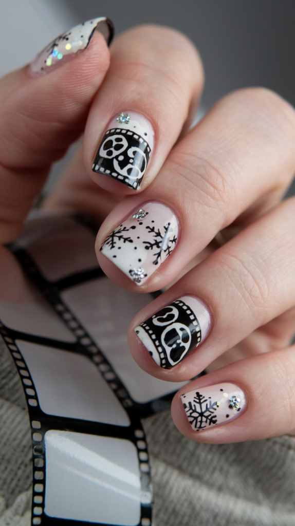 Black-and-white nails with retro film reel patterns, vintage snowflakes, and subtle glitter for a nostalgic holiday vibe.