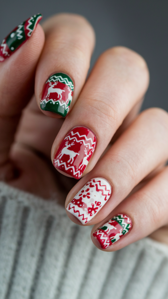 Textured red, green, and white nails featuring playful sweater patterns like reindeer and snowflakes.
