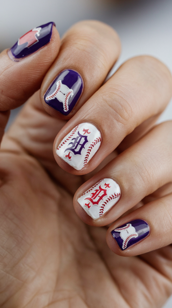 Glossy nails featuring vibrant team colors and a detailed logo accent nail representing a favorite baseball team