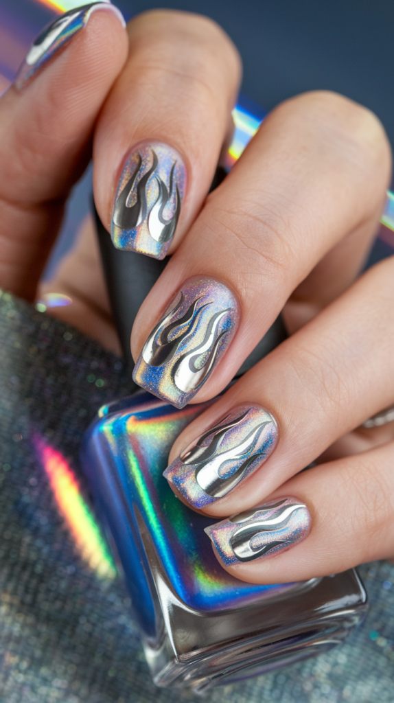 Nails with holographic polish and bold silver flame designs for a striking look.
