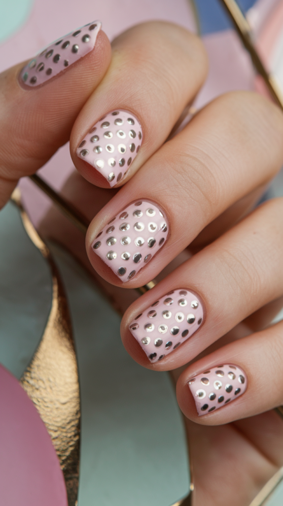 Nude nails with evenly spaced metallic silver polka dots for a playful yet chic look.