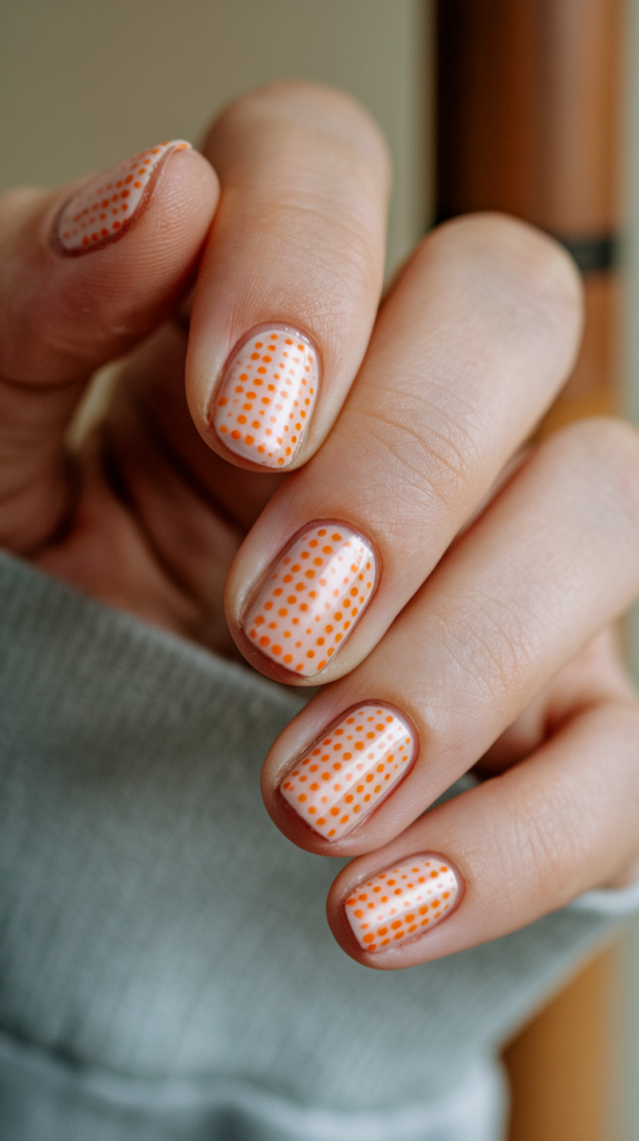 Festive tri-color orange, white, and yellow nails inspired by candy corn.
