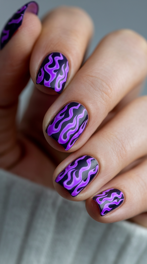 Dark violet nails with vibrant, neon violet flame designs starting from the cuticle, giving an edgy, fiery look.

