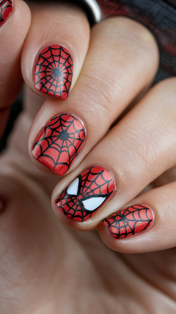 Red nails with intricate black web designs, Spiderman’s iconic logo, and a glossy finish for a dynamic, superhero-inspired look.