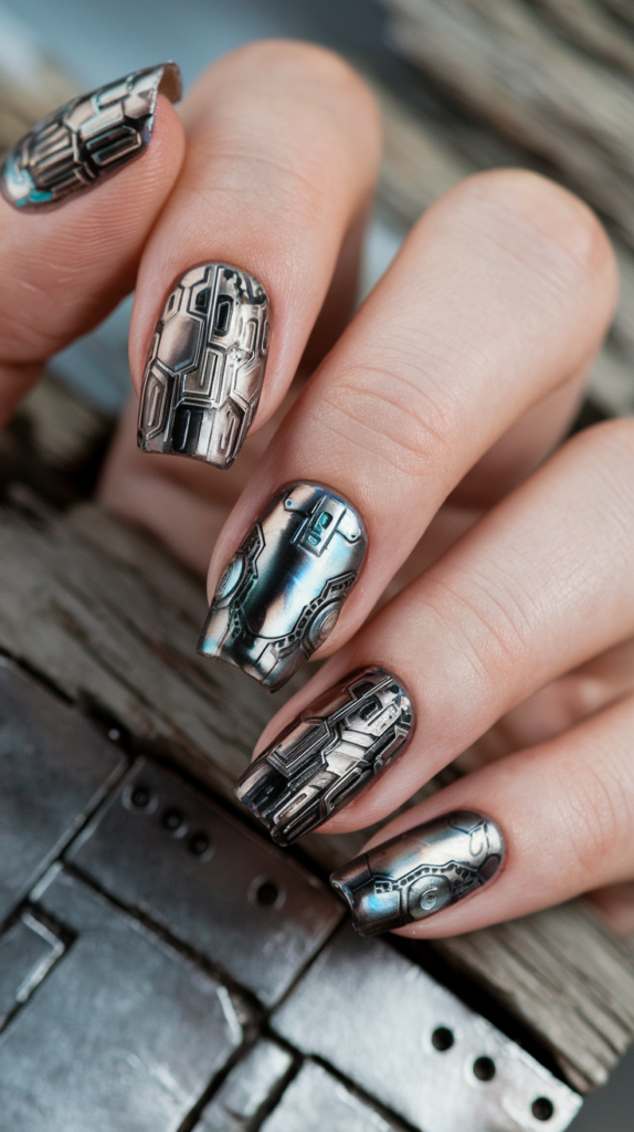 Robotic-themed nail designs with circuit patterns, chrome panels, and 3D gears for a futuristic feel