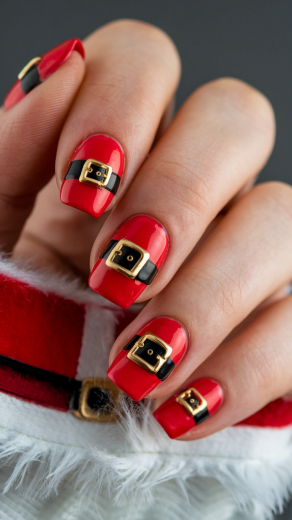 Bright red nails with a black belt design and gold buckle, complete with fluffy white trim for a Santa suit look.
