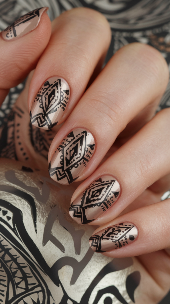 Nails with intricate silver tribal-inspired geometric patterns on a nude or dark base.
