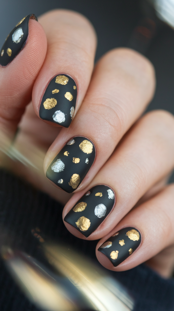 Matte black nails with metallic gold and silver polka dots, achieving a playful, raised effect that combines fun and sophistication for New Year’s