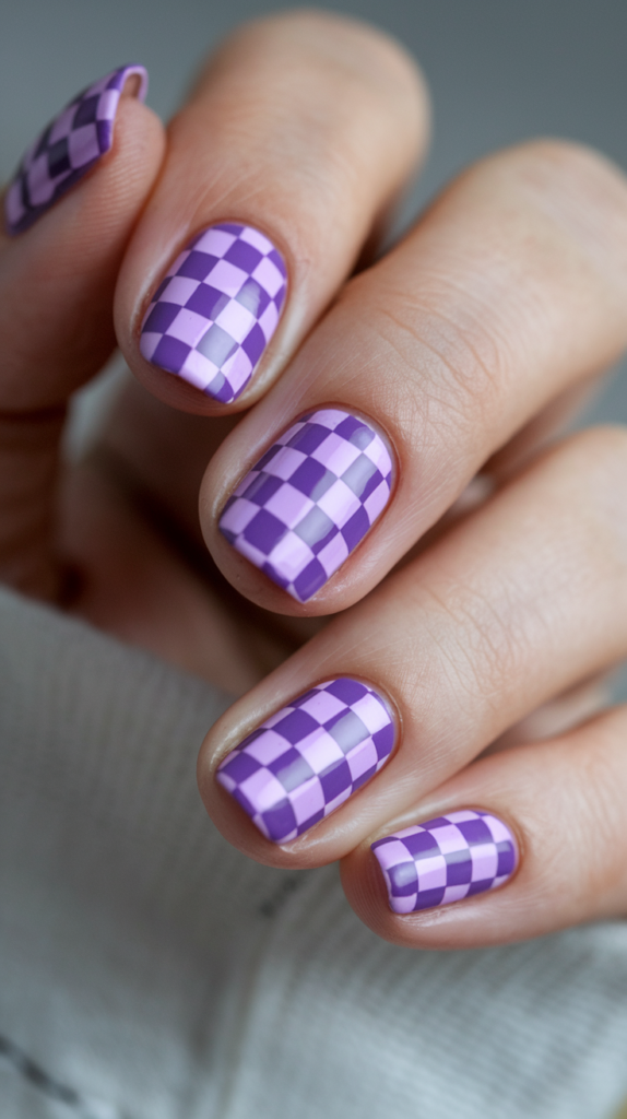 A playful, trendy checkerboard pattern in light and dark violet squares, giving a bold statement look.