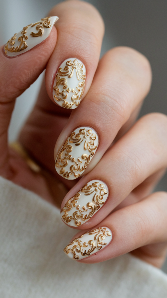 Ivory nails adorned with swirling gold baroque patterns, creating a classic and ornate look.

