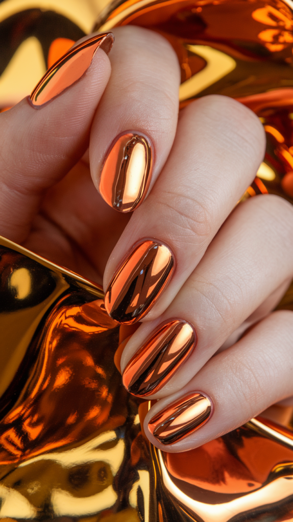 Reflective metallic orange nails with a futuristic, high-shine chrome finish.
