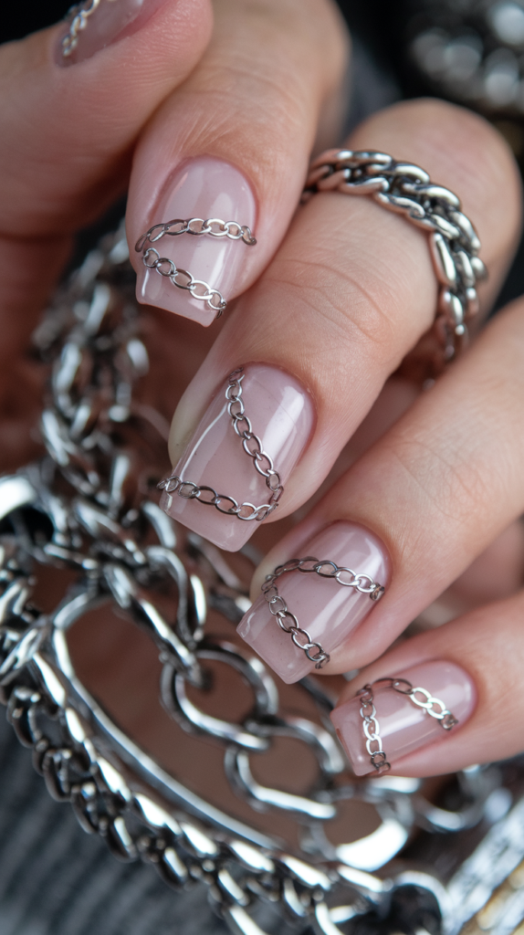 Nails featuring 3D silver chain accents arranged across a metallic or nude base.