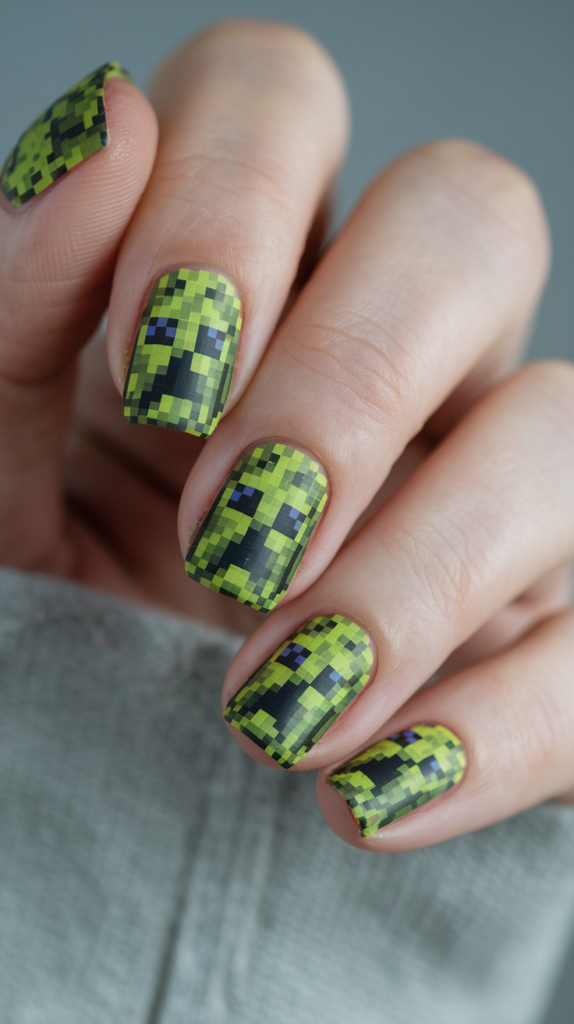 Pixelated, cubic nail designs with Minecraft-themed elements, like Creeper faces and earthy block patterns