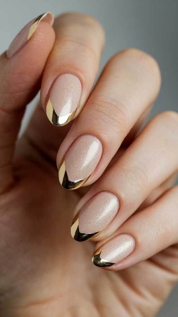 Close-up of nails featuring a classic French manicure with gilded gold tips, adding a luxurious twist to the traditional look.

