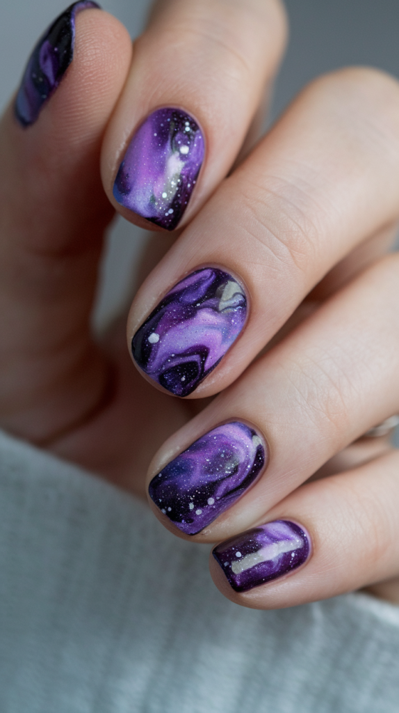 Deep violet nails with swirling white and lavender accents, dotted with tiny white specks to create a starry galaxy effect.