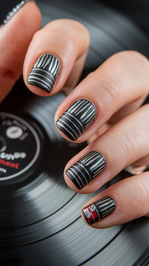 Black nails with thin silver circular grooves mimicking vinyl records, paired with a red label accent.

